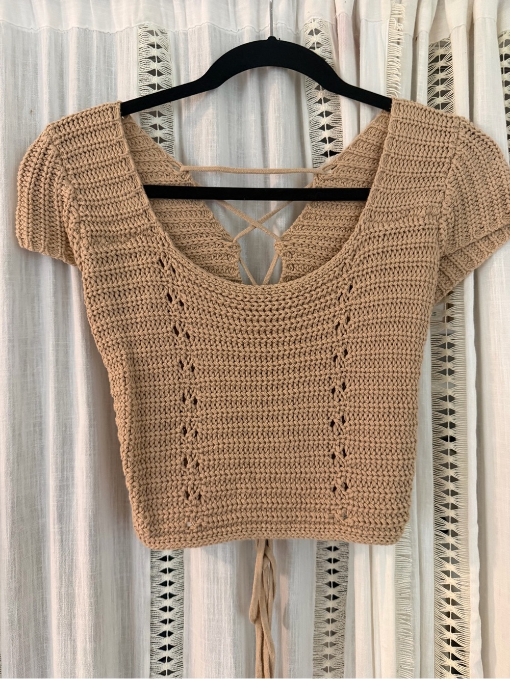 mahina Beige Crochet Tie-Back Crop Top